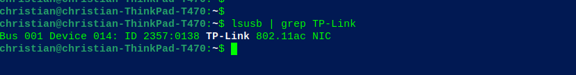 Terminal output of lsusb | grep TP-Link, showing "Bus 001 Device 014: ID 2357:0138 TP-Link 802.11ac NIC"